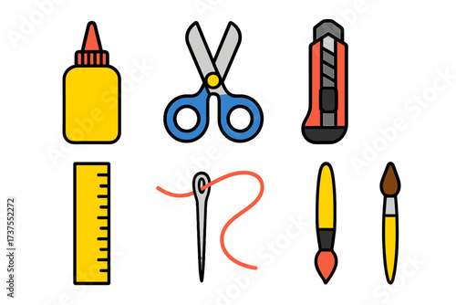 Collection of essential crafting and art supplies including scissors, glue, and paintbrushes