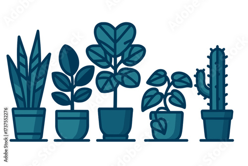 Green indoor plants in various pots arranged in a row against a light background