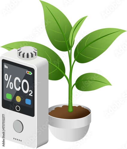 A vector illustration features an IoT sensor beside a vibrant green plant in a pot. The sensor displays humidity and CO2 levels, highlighting smart home technology for plant care.