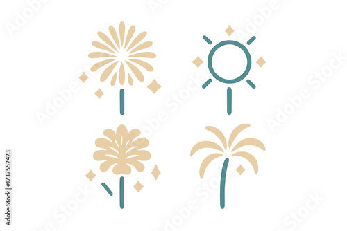 Modern flat design icons for summer season with abstract sun, tropical palm tree, and decorative floral shapes