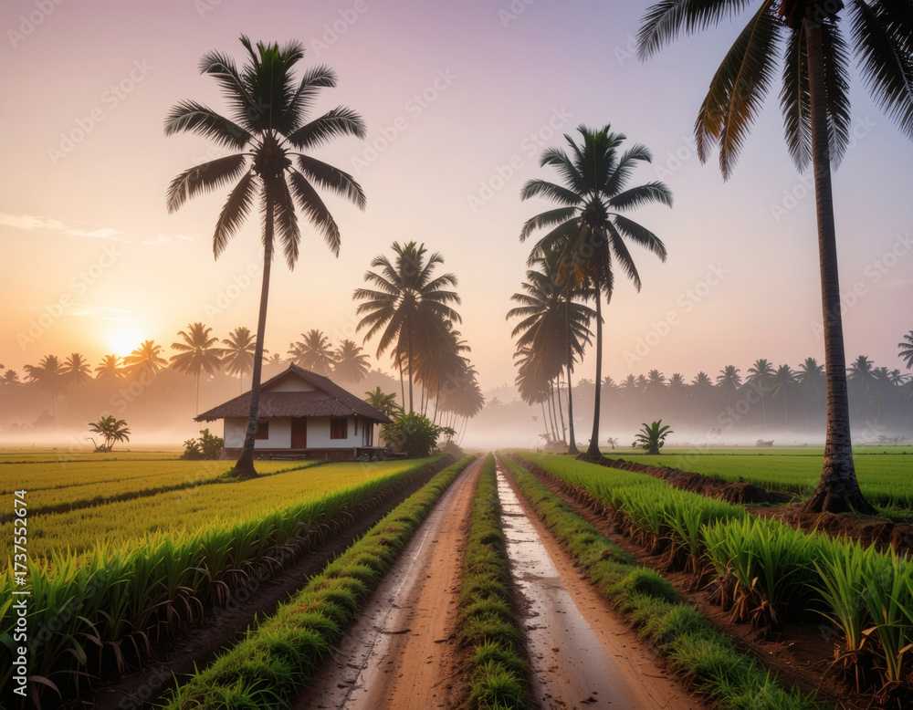 Obraz premium Sunlit path through emerald paddy fields and palm trees at a misty sunrise