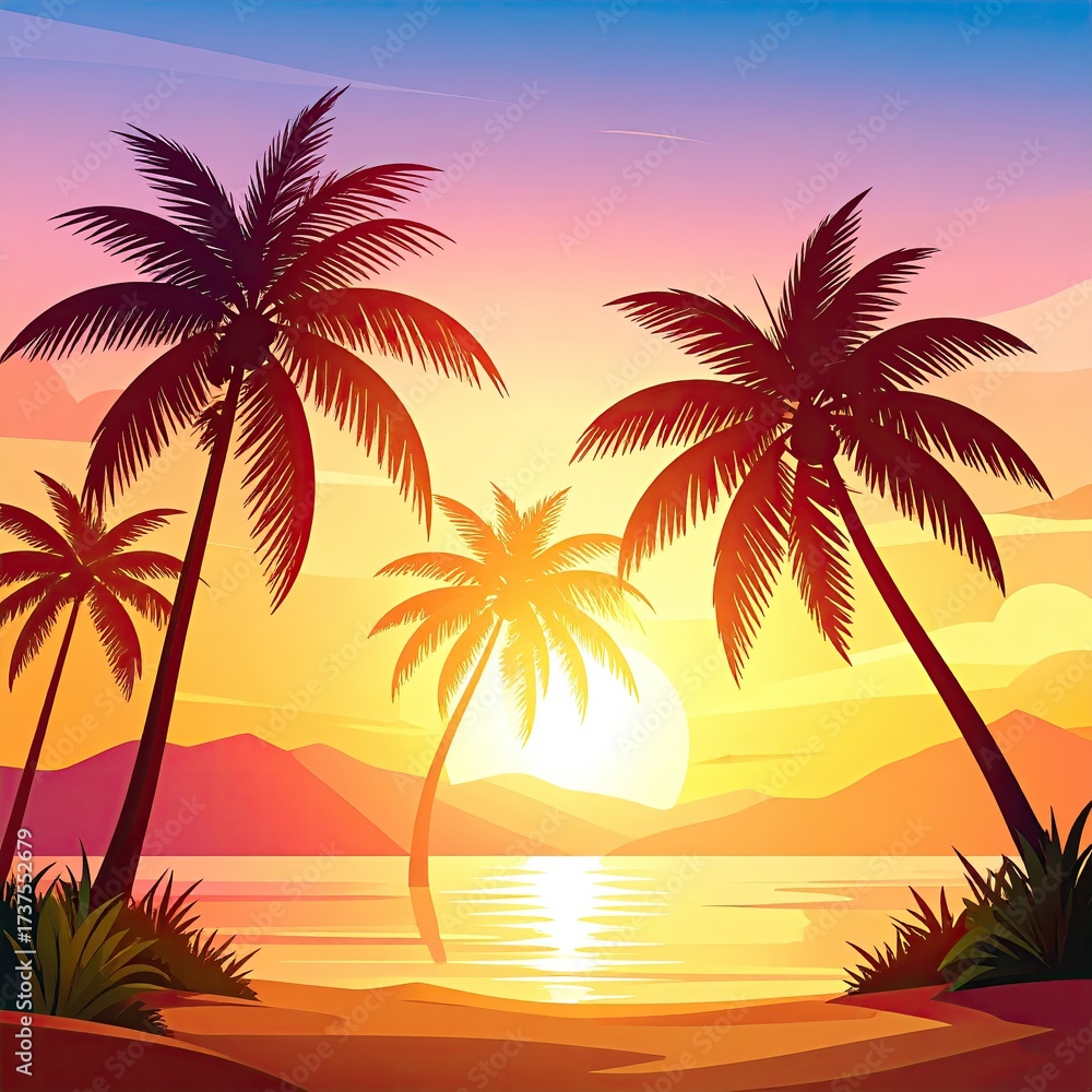 Obraz premium Tropical sunset scene with palm trees