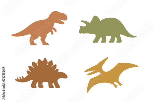 Assortment of prehistoric dinosaur and flying reptile silhouettes in a flat graphic style