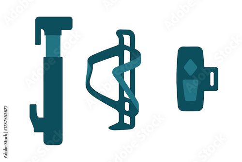 Bicycle accessories including a pump, bottle cage, and multi-tool for cyclists on a blue background