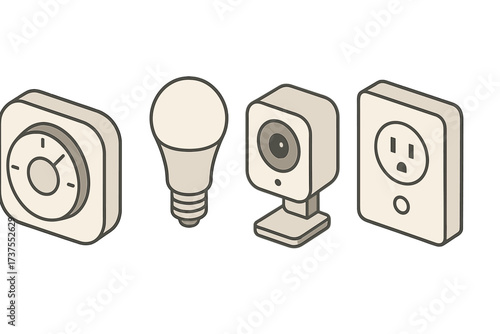 Smart home devices including a dimmer, light bulb, camera, and outlet for modern living environments