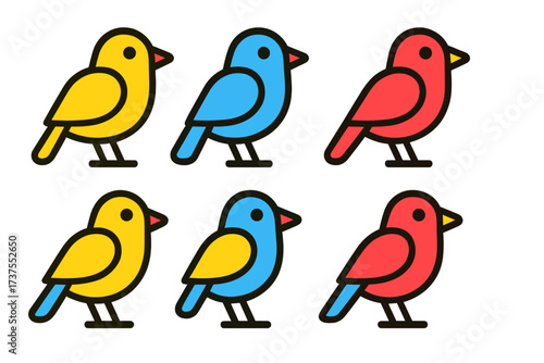 Collection of stylized birds in yellow, blue, and red hues with bold outlines