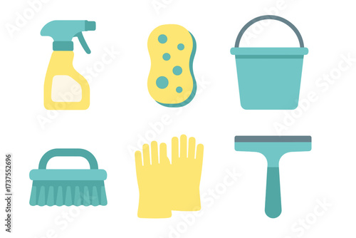 Collection of essential household cleaning supplies and tools for domestic hygiene