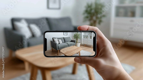 Hand holding smartphone displaying augmented reality furniture in living room, visualizing new modern design, enhancing home interior shopping experience