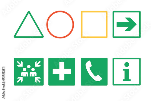 Essential safety and informational symbols featuring basic geometric shapes and universal icons