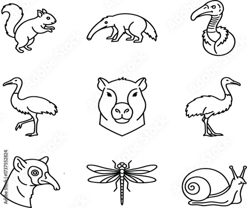 Diverse Fauna and Exotic Animals Line Art Icon Set