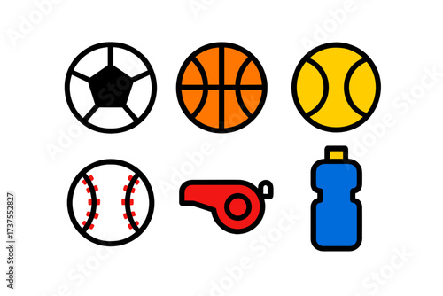 Sports equipment collection featuring soccer ball, basketball, tennis ball, baseball, whistle, and water bottle for active lifestyles