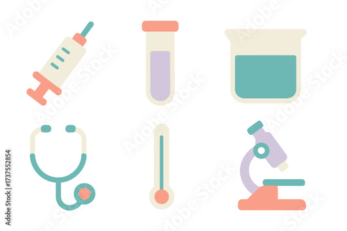 Medical tools and equipment displayed in simple designs representing healthcare and laboratory work