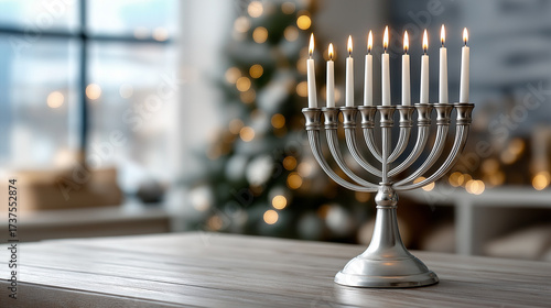Silver menorah with nine glowing candles on a table, celebrating hanukkah traditions as warm bokeh holiday lights softly blur in the cozy home background