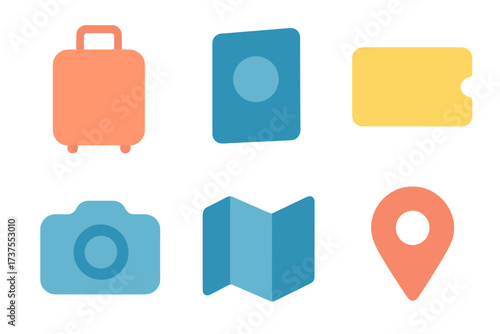 Collection of essential travel and vacation planning icons in flat design style