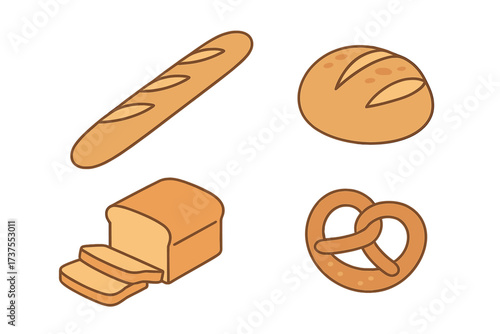 Assortment of freshly baked bread products including baguette, loaf, and pretzel