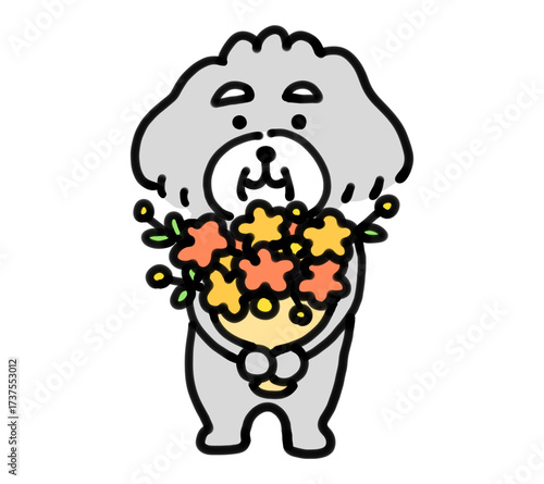 花束を持つ手描きの犬