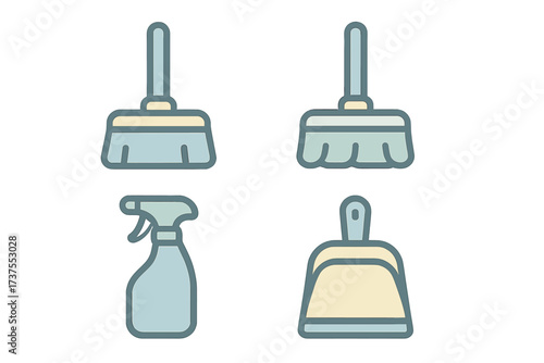 Cleaning tools for household tasks like sweeping and dusting in a simple design