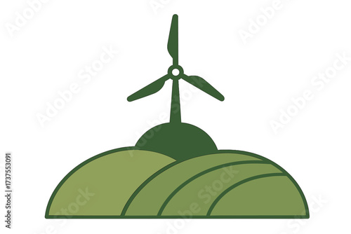 Wind turbine stands tall over green hills representing sustainable energy and innovation in agriculture near a rural area