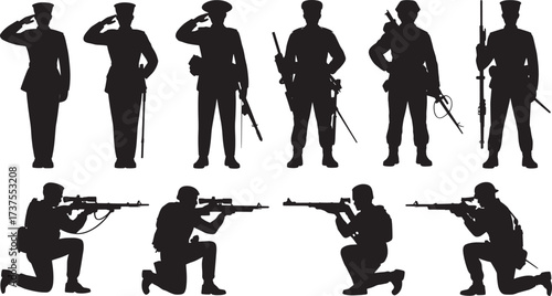 Set of Military Soldier Silhouettes in Uniforms and Combat Firing Poses | Army Infantry Snipers and Officers Saluting and Aiming Rifles Vector Graphic