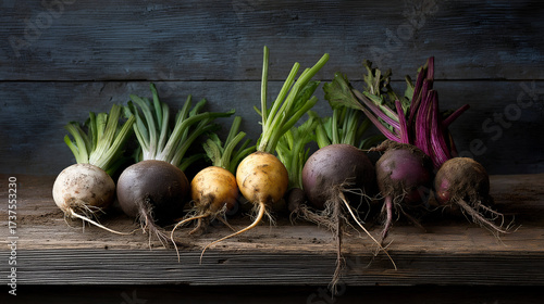 Assorted fresh beetroots with green tops and dirt covered roots are resting on a weathered wooden surface, emphasizing their raw, organic, and farm to table appeal