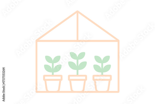 Stylized icon of a greenhouse nurturing three small plants in individual pots