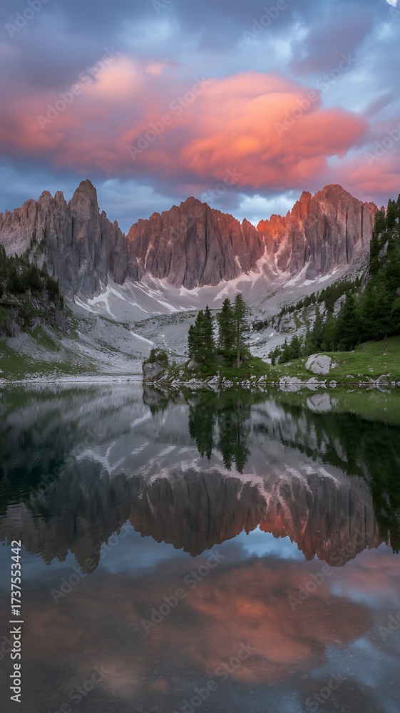 Fototapeta premium Majestic mountain range reflected in a calm lake under a colorful sunset sky
