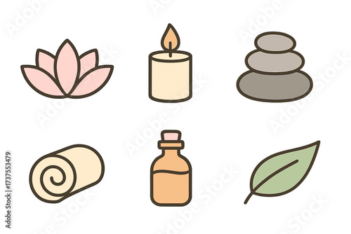 Spa and wellness icons set with lotus, candle, stones, towel, oil, and leaf