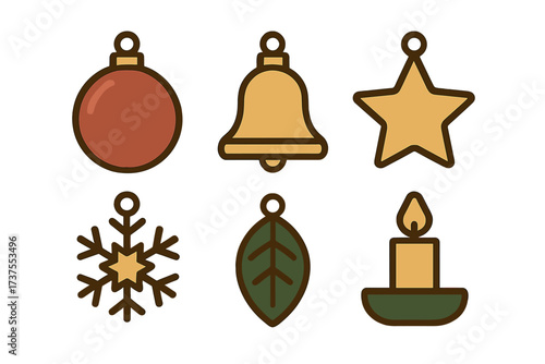 Holiday themed decoration icons featuring ornaments, bells, stars, and a candle for festive occasions