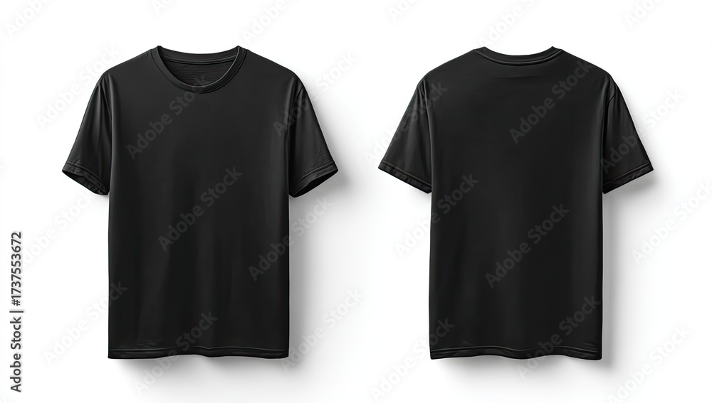 Fototapeta premium A plain black short-sleeved crew neck t-shirt shown from the front and back, isolated on a white background
