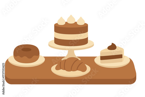 Delicious chocolate and vanilla pastries and cakes on a serving board