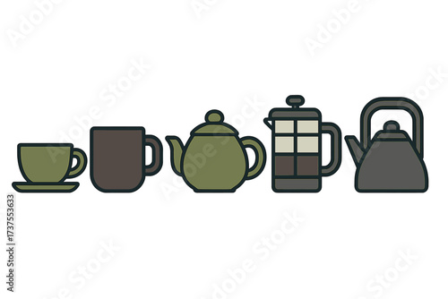 Assortment of essential coffee and tea brewing tools and serving cups