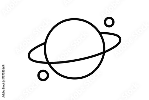 Abstract planet with orbiting ring and two celestial bodies in outer space
