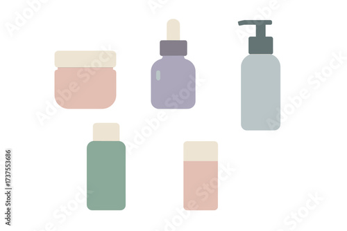 Collection of colorful cosmetic containers arranged on a white background for beauty and skincare purposes