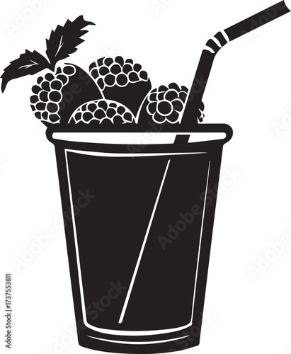Black and white illustration of a raspberry smoothie in a cup with a straw