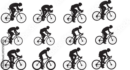 Set of Racing Cyclist Silhouettes Riding Road Bikes in Dynamic Competition Poses | Collection of Bicycle Riders Vector Graphics for Sport and Fitness Design