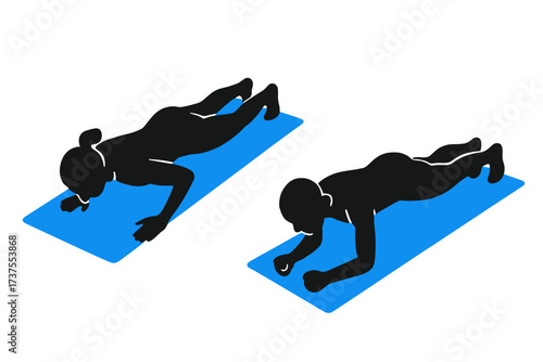 Two people practicing different forms of exercises on blue mats in a workout session