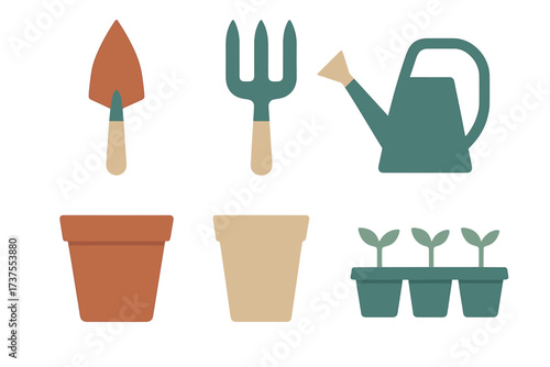 Set of essential gardening tools, plant pots, and seedlings for home garden cultivation