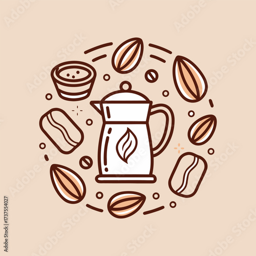 A hand-drawn coffee cup surrounded by coffee beans and leaves, vintage doodle style, simple line art on a beige background