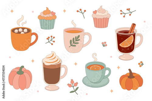 Cozy Autumn Café Vector Set — Hot Drinks, Cupcakes, and Pumpkins on White Background, Cute Fall Illustration