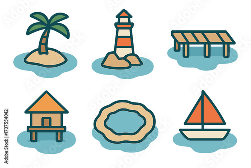 Colorful beach icons depicting palm tree, lighthouse, dock, house, pool, and sailboat in a coastal setting