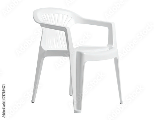 A white plastic chair with armrests, slats in the back, set against black