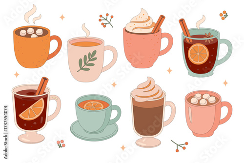 Vector illustration set of cozy hot drinks in mugs and cups – coffee, cocoa, mulled wine, tea with spices, marshmallows, whipped cream – autumn and winter beverages in flat cartoon style