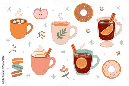 Cozy winter café drinks and sweets vector set with hot chocolate, mulled wine, tea, donuts, and macarons in hand-drawn style