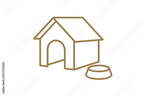 Outline icon of a dog house and pet food bowl for domestic animal care concepts