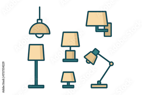Assortment of contemporary lamps including floor, table, pendant, and desk lights