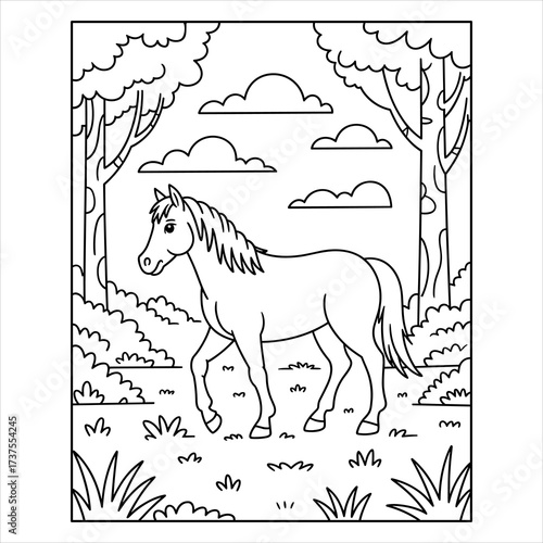 Cute Horse Coloring Page Vector for Kids and Adults, Pony and Horse Coloring Book Page Illustration, Farm Animal Horse Line Art Coloring Sheet Vector.