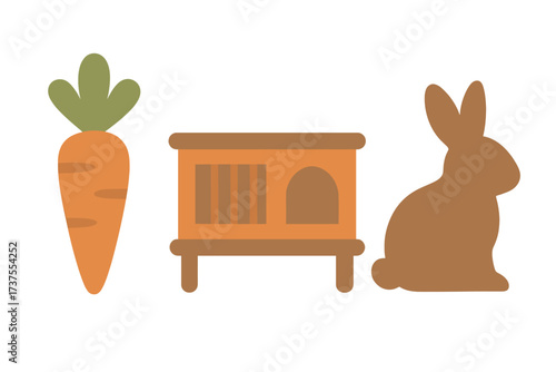 Fun cartoon illustration of a rabbit, carrot, and hutch in a simple and playful style