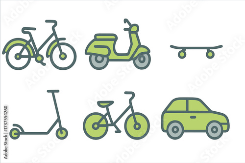Collection of diverse urban transportation vehicles including bicycles, scooter, skateboard, and car