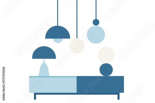 Minimalist interior with modern furniture and hanging lamps in blue and white
