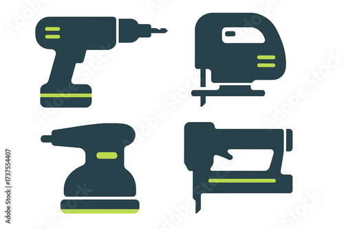 Power tools for woodworking and DIY projects at home, showing drill, jigsaw, sander, and stapler in a flat design style